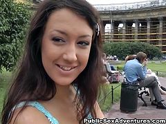 Kinky teen model has fetish for sex in public so she goes naughty in intensely public place. She flashes her boobs and gives a head on a bench.
