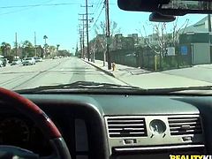 Lustful blond hoe is sucking hard dick deepthroat while the guy is riding a car. She loves adventurous sex so she goes kinky in a car. Blondie also flashes her small tits in a car. Nasty Reality Kings porn video.