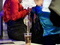 Playful white hoes drink hard during corporate party celebration. Later they kneel down in front of their bosses to oral fuck their hard cocks in steamy group sex video by Tainster.