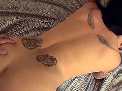 Young black haired babe Aria Aspen with long whorish nails and firm round bums takes off lace pink undies and fucks with muscled stud all over the bedroom to loud orgasms.