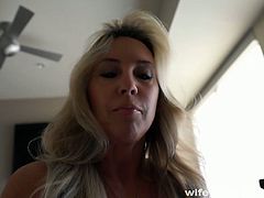 Blonde MILF with huge tits jerks off her husband before he fucks her enormous rack and shoots his entire load into her mouth and she swallows it down.