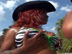 Jay enjoys in having a chance to see two hot and aroused black lesbian babes in action, while they are dressed as cowgirls and playing with each others boobs