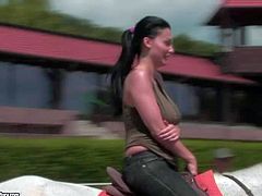 Stunning brunette pornstar babe Aletta Ocean enjoys in showing her sexy body and tight ass while riding a horse on a ranch and gets recorded by a camera crew