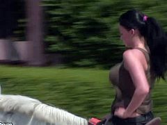 Stunning brunette pornstar babe Aletta Ocean enjoys in showing her sexy body and tight ass while riding a horse on a ranch and gets recorded by a camera crew