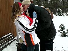 It is freaking cold outdoor in winter. But this fact somehow turn on Esther. So she seduces the guy to have sex right there and then. He certainly doesn't mind it. So he thrusts his hard dick in her hungry for cock mouth pushing it deep in the throat. Esther sucks solid prick like vacuum cleaner.