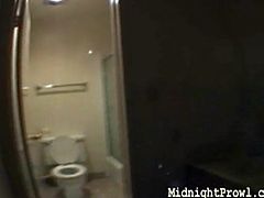 Sizzling brunette hoe pisses in the mouth of horny dude before she bends over a toilet bowl to get her ass pissed by kinky dude. Later she heads to the shower where she rubs her body thoroughly with foam.