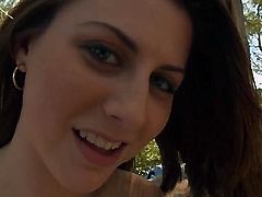 Pretty brunette girl Brooke Van Buuren with natural boobs and slim sexy body gives memorable handjob to her turned on boyfriend in the woods on a lazy summer day.