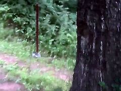 Skinny young babe Tiffany sucks a huge meat pole in the woods before getting nailed