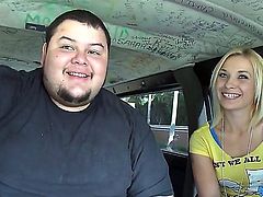 Pretty young blonde Star with natural boobies and slim sexy body in childish t-shirt gets in to bang buss and has lot of fun with fat boy on a lazy afternoon.