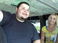 Pretty young blonde Star with natural boobies and slim sexy body in childish t-shirt gets in to bang buss and has lot of fun with fat boy on a lazy afternoon.