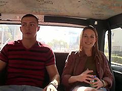 Pale amateur brunette Evelyn Jacobs with long legs in short denim skirt has some fun in bang bus with handsome stud and takes on his meaty pecker with big smile on face.