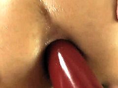 Hot blonde Mary uses a red dildo in her ass then she later gets a hard fucking by a huge cock