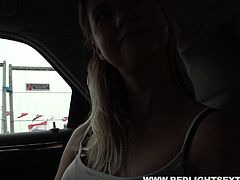 Amateur blondie gets seduced by horny tourist. She gets into his car. As slim nympho with nice tits wears too short jeans skirt she's ready to demonstrate her nice long legs and flossy ass. I bet everything ends up with a steamy sex.