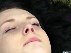 Sizzling brunette babe with slim sexy body gets horny in a steamy solo masturbation porn clip. She strips seductively lying on a grass by the river side. She rolls her eyes up enjoying passionate jerk off. Hot outdoor masturbating XXX video presented by My Sexy Kittens.