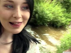 Romantic brunette in pink dress sits near the stream. Palatable girlie with splendid body and nice butt sees a dude approaching to her. Talkative guy seduces pretty gal and she pulls up her skirt to get her already wet pussy tickled right outdoors.