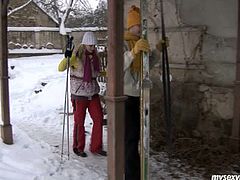 Spoiled blond milf is a real nympho. First she skis with her long-term young lover before she kneels down in front of horny dude to oral fuck his sturdy cock.