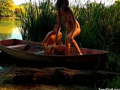 Check out these horny russian amateurs having some wild fun outdoors. They fuck in the nature and decided to move the action to the old boat!