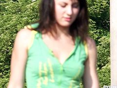 Appealing brunette girl goes naughty and kinky in a steamy solo masturbation XXX video. She flashes her pinkish wet pussy close-up. She rubs her coochies actively. Lucy moans seductively jerking off outdoor in the open air.
