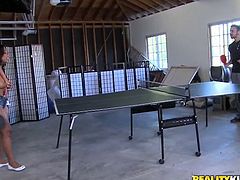 Curvaceous Black girl with big natural boobs plays ping pong with some White dude. After that she gives him a blowjob and gets titty fucked. Of course she also gets fucked in her vagina.