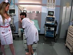 Watch this redhead nurse with long silky hair reveal her sexy body to a horny patient. His cock is already strong and she fully concentrates to mold her lips on that big cock. After stripping she gets her cum asking pussy licked really hard which leaves her with no choice but to moan.