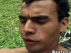 Two hot beefy latino hunks are having wild fun in the woods! One got his big dick sucked and gave it deep inside his partner's asshole!