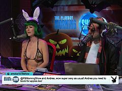 Everyone is dressed up for Halloween for the Playboy morning show. a group of Playboy models have a contest and see who can get the most apples. It's a variation on diving for apples but the girls use their tits instead of the mouths.