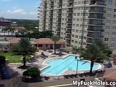 I could feel her getting horny on the balcony while I talked to this young brunette cutie and I could tell it was going to be a hot fucking time as I held the camera and fucked her hard.