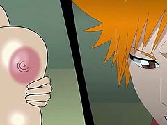 Ichigo gets a good look at this slut's tits and then makes her suck on his penis. She gives him a blowjob until he squirts his cum, and then she lets him put his cock inside her cunt and fucks her on the table.