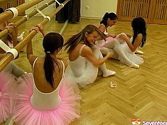 Kinky ballerinas presented in Seventeen Video sex clip will be the cause of your boner. Zealous cuties in tutes, pantyhose and pointe shoes take off tops and boast of tits right in the dance practice room.