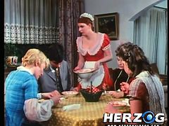 In this retro German porn watch all the nasty deeds and dirty sex, that goes on at this hotel. After breakfast, a businessman gets jacked off by his wife, while the maid watches. He fucks wet pussy and one by one, more ladies enter his room.