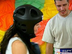Seventeen Video sex clip provides you with two sporty brunette teens. These chicks in boxing gloves and helmets gonna fight for a chance to please a stiff hot dick. Slender gals with natural tits wear shorts and tight tops. You can see their fist nipples. Gosh, I've already got a boner...