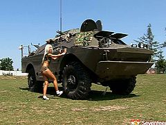 She is sextractive tanned teen wearing sexy army costume. You can enjoy her for free while she plays with her shaved smooth pussy outdoor.