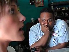 Adorable slim chick meets up with wild raunchy dudes at an auto repair shop. She uses all of her sexual prowess to seduce them and make them bone her.