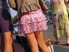 Hot blonde poses her sexy panties in amazing upskirt public session