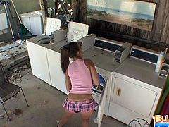 Sophia Sutra does some laundry and then she goes in the backyard to sunbathe. Her boss catches her topless.