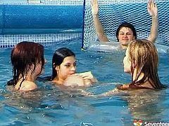 Spoiled brunette amateurs get into the pool filled with hot water fully naked to play a water polo. Later they fully plunge under water in perverse sex clip by Seventeen Video.