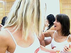 Lots of hot pretty and lissom ballerinas know how to relax after the dance practice. Zealous wondrous nymphos in tutus, pantyhose and pointe shoes meet a new dance teacher and lure him for sex right in the practice room. Zealous gals with natural small tits come closer to give lucky dude a solid blowjob.
