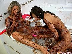 Hot teens look a bit weird, cuz their splendid slim bodies are covered with melt chocolate. Zealous brunette takes a pink dildo to polish the wet pussy of appetizing busty blondie right in the bath. Gosh, just don't pass by and gain lots of pleasure right here and now along with Seventeen Video xxx clip.