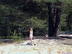 Mind taking Russian long haired brunette heads deeply in the woods in order to be able to masturbate in isolation. She lies on the blanket to finger fuck her fresh pussy before a kinky dude joins her to welcome a blowjob.