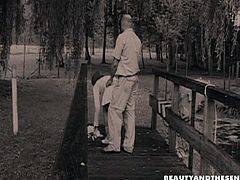 Kinky brunette presented in Beauty And The Senior sex clip will impress you with her dick sucking skills. Wonderful slender cutie with sweet tits and rounded butt provides old fat man with a blowjob right on the bridge in the park.