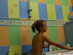 Horn-mad blond teen gonna be a harlot. Zealous slim bitch with small tits takes a shower on cam and shows her rounded nice butt. Why not to stimulate her pussy with a water stream then to gain some delight?
