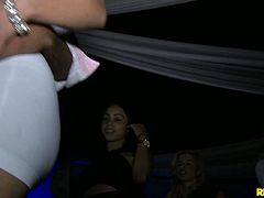 Gorgeous babes have fun watching others fucking or actually fucking. This time, a hot brunette gets a fierce fucking.