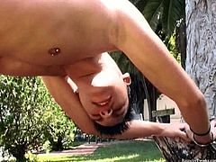These raunchy twinks get it on in their garden. They start with a fast blowjob and some as licking before the real hardcore fuck.