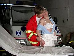 Sex hungry nurse boy seduces a tasty looking busty nurse in garage. He takes off her clothes to oral stroke her big jugs before he polishes her pink vagina with his tongue.
