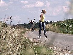 Naughty blonde teen roller girl Cindy gets pussy and ass fucked and jizzed outdoors