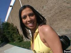 Mesmerizing brunette bombshell takes a walk outdoor wearing a steamy mini dress before she gets picked up by a horny dude who rides her to his place for steamy fuck.