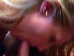 This gorgeous blonde knows how to treat a good, stiff cock. She gets down on her knees and gives a mind-blowing blowjob to her lover. After a while she spreads her legs wide to let him eat her snatch.