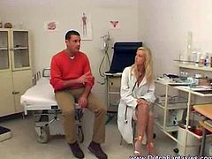 Watch this hot and horny blonde doctor taking care of her patient by giving him nice handsome and balls licking pleasure.After she spreads her legs and settles on his big cock for some cock riding action.