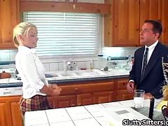 Watch a horny and perverse blonde babysitter giving her boss a hell of a blowjob before her ass and clam are drilled into a superb orgasm.