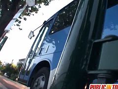 Sexy asian teenie got caught in the bus and receives soem pussy pumping. She can't escape from his cock and can only moan on his meat!